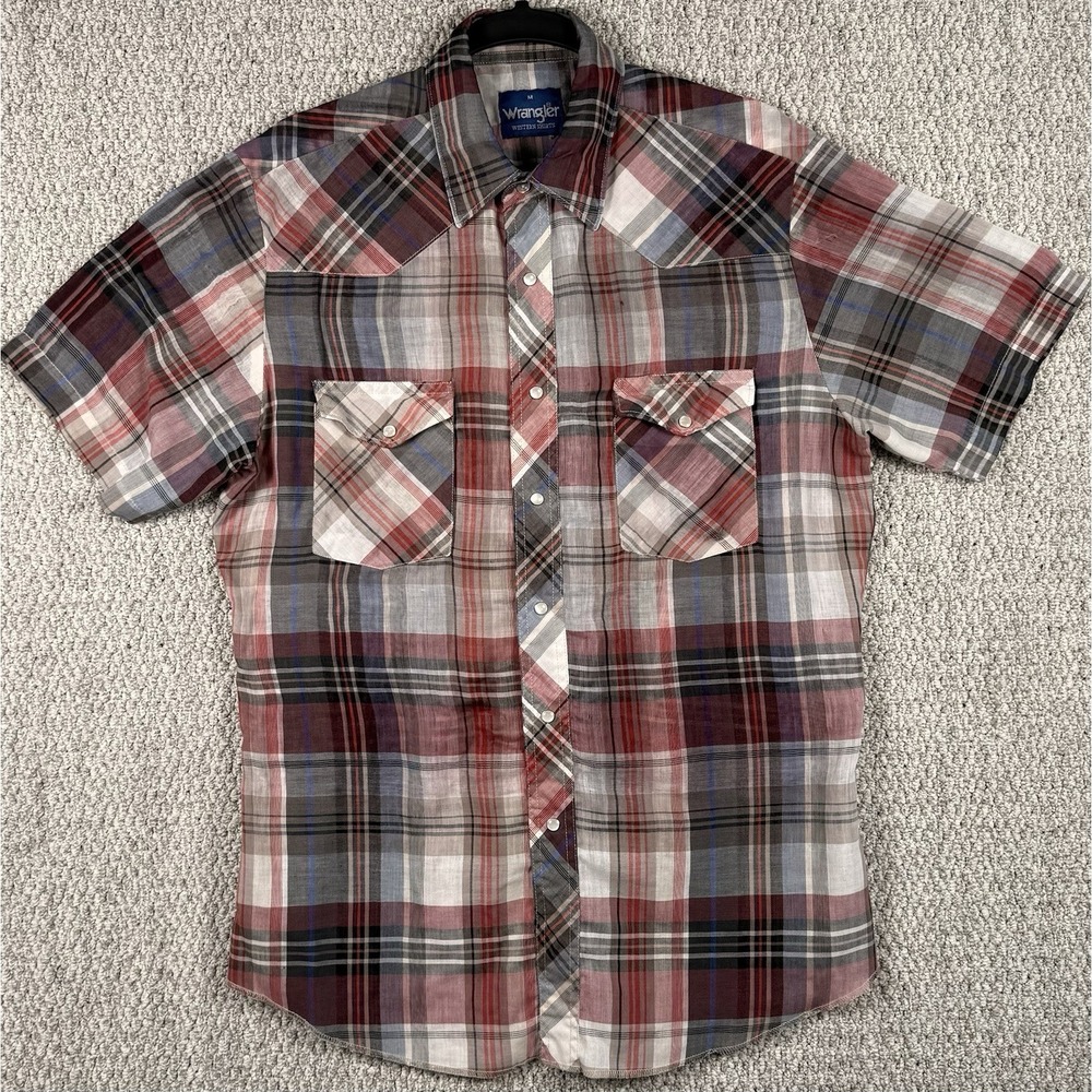 Wrangler Western Plaid Pearl Snap Shirt Distressed Grunge Punk Mens M